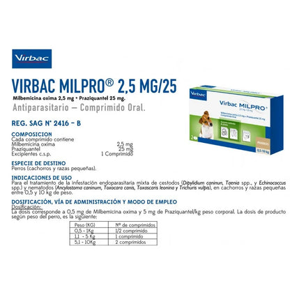 Virbac Milpro Perros 0,5 a 10 kg (2,5 mg / 25 mg) x 2 Comprimidos