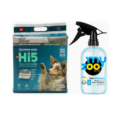 Pack Myzoo Odor Eliminator Perros 500 cc + Hi5  90 X 90 Carbon Activado Sabanillas 30 Unidades