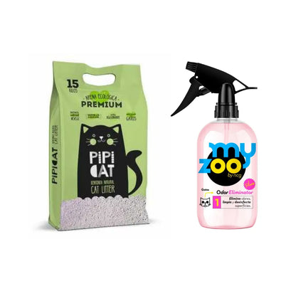 Pack Myzoo Odor Eliminator Plus con Gatillo Gatos 500 cc + Arena Pipicat Lavanda 15 kg