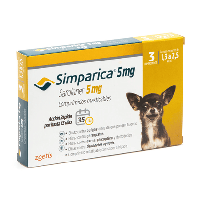 Simparica en 3 comprimidos de 5 mg (1.3 a 2.5 kg)
