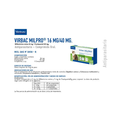 Virbac Milpro Gatos 2 kg (16 mg / 40 mg) x 2 Comprimidos